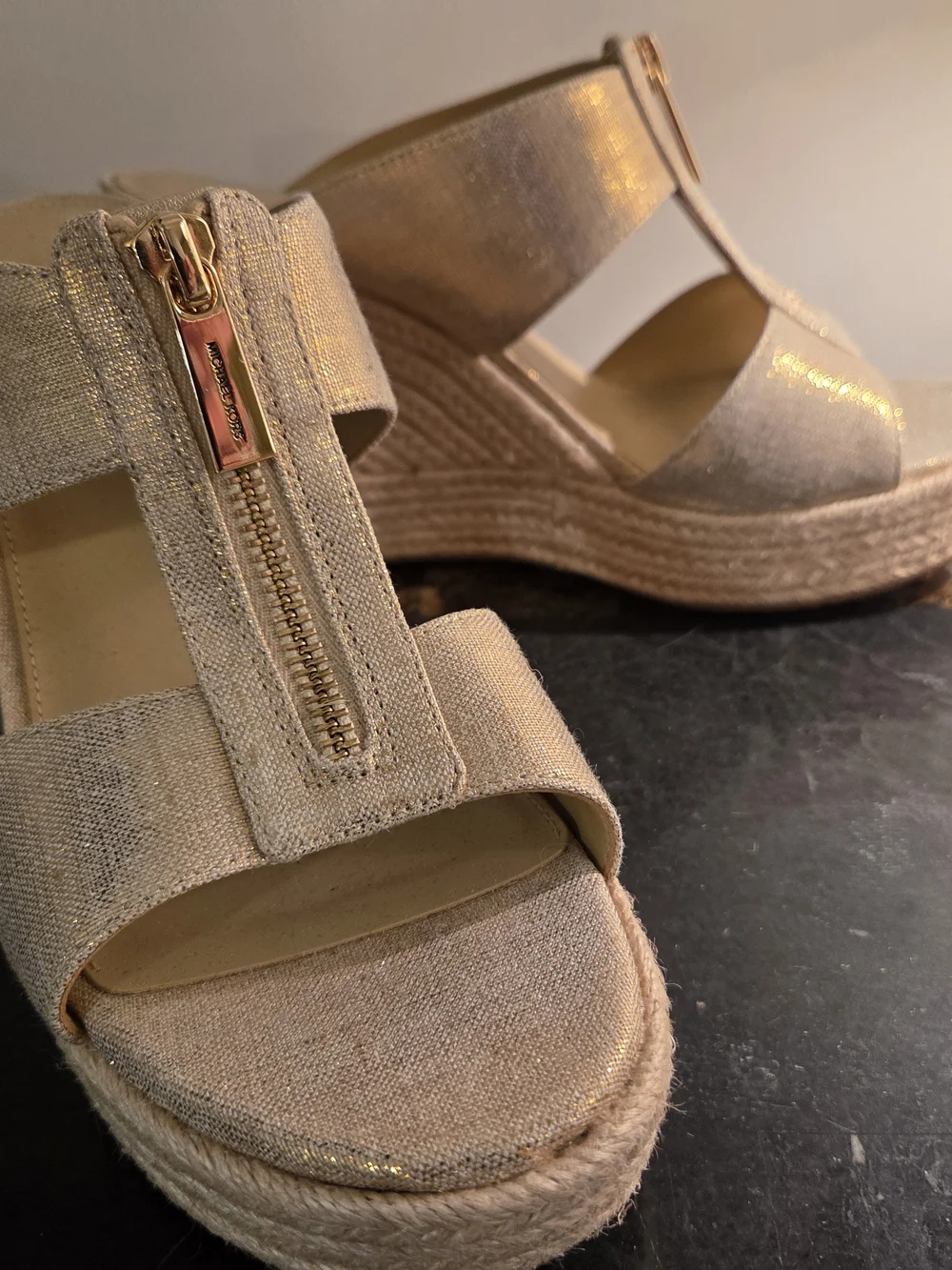 MICHAEL Michael Kors Champagne Metallic Espadrille Wedge Sandals